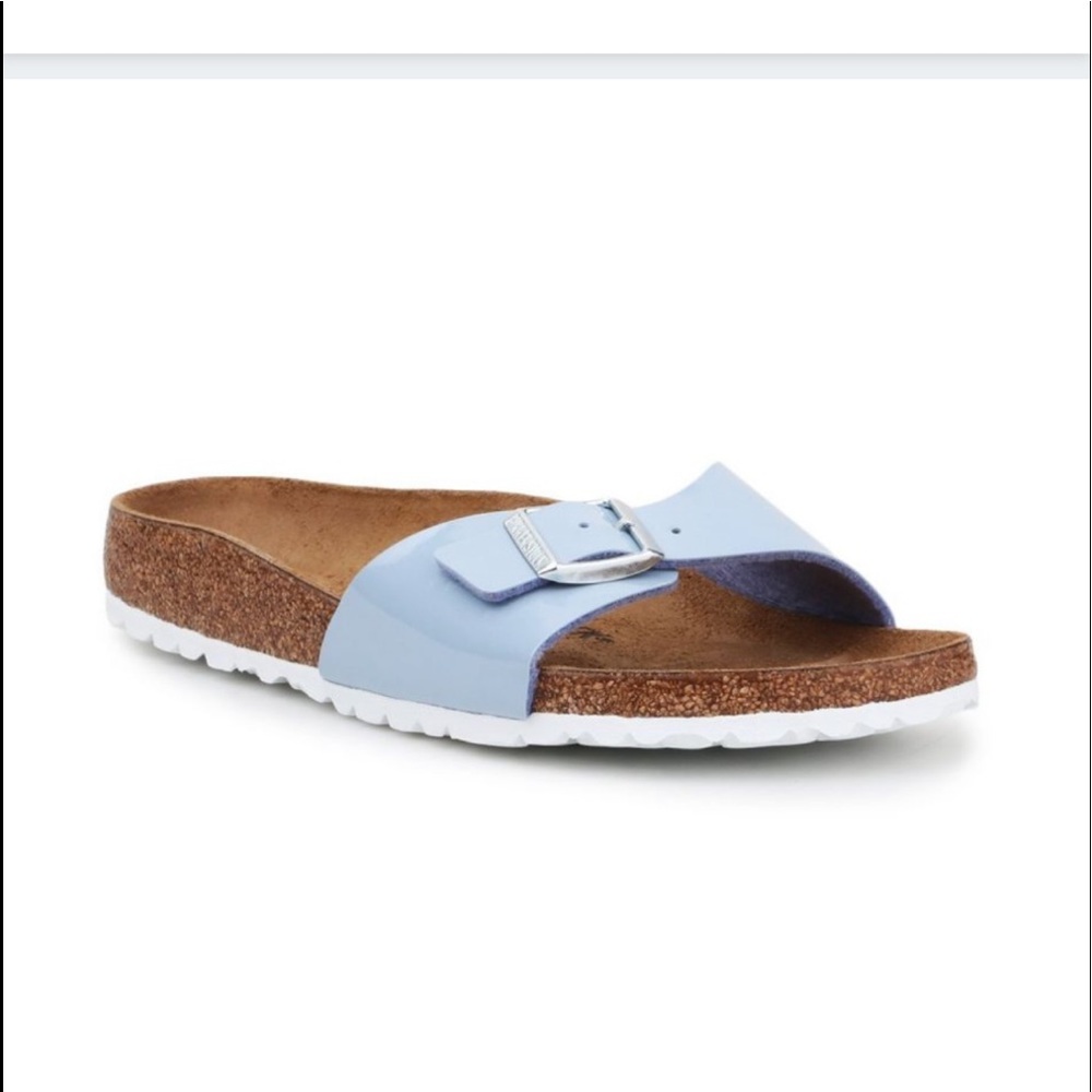 NWT BIRKENSTOCK Light Blue Madrid Buckle Patent Leather Slide Sandal Size 41 - Picture 2 of 5